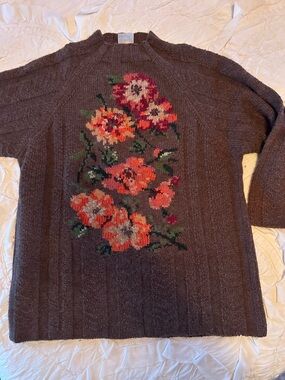 Floral wool Pullover Sweater - Brown with Orange Flower Motif